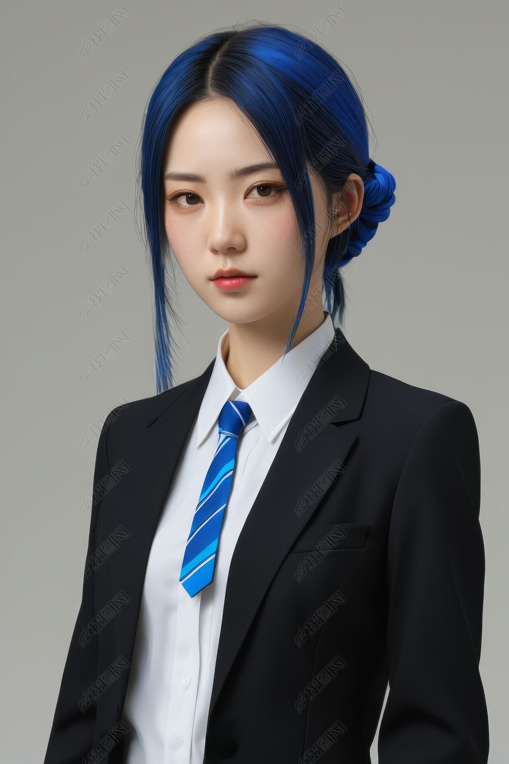 原创穿着黑色西装打领带的蓝色头发的妇女图片