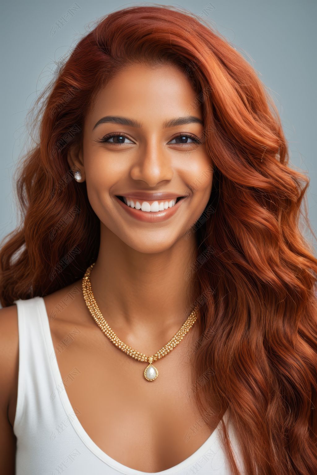 原创微笑的女人红发脖子上戴着项链高清图片