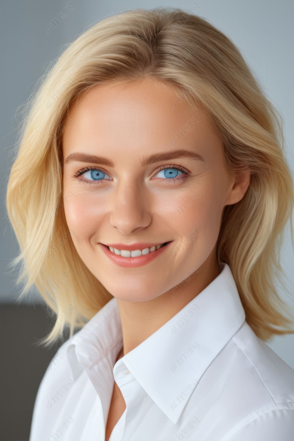 原创蓝眼睛和白衬衫的金发女人对着镜头微笑图片