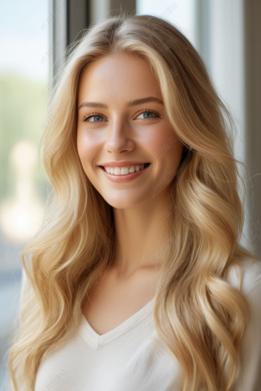 原创金发女郎蓝眼睛长发对着镜头微笑高清图片