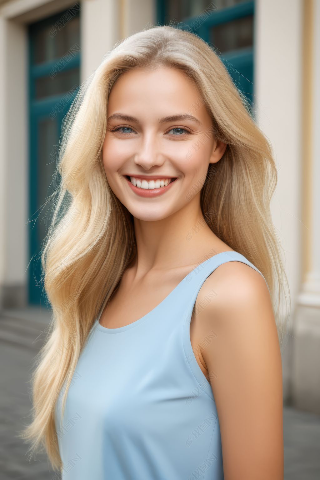 原创金发女郎蓝眼睛长发在建筑物前微笑高清图片