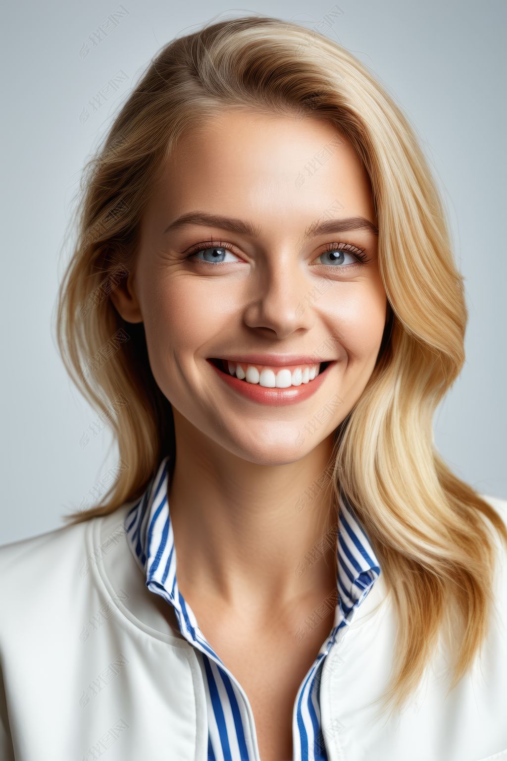 原创金发女郎蓝眼睛白夹克微笑高清图片