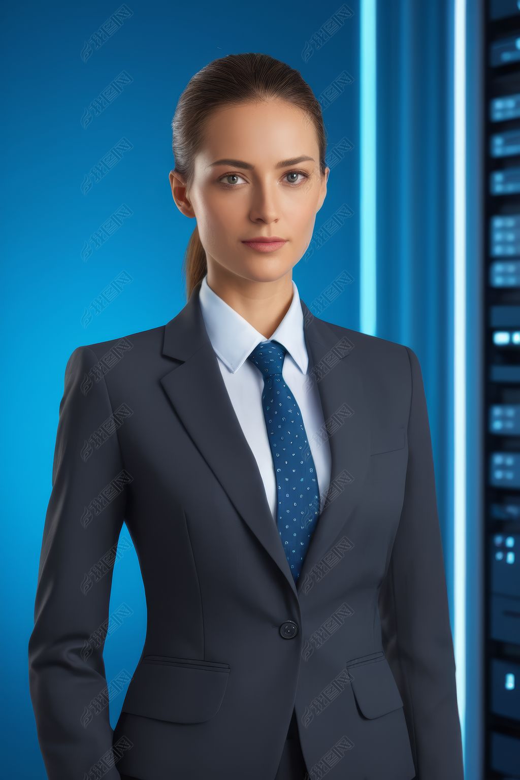 原创站在服务员前穿着西装打领带的女人高清图片