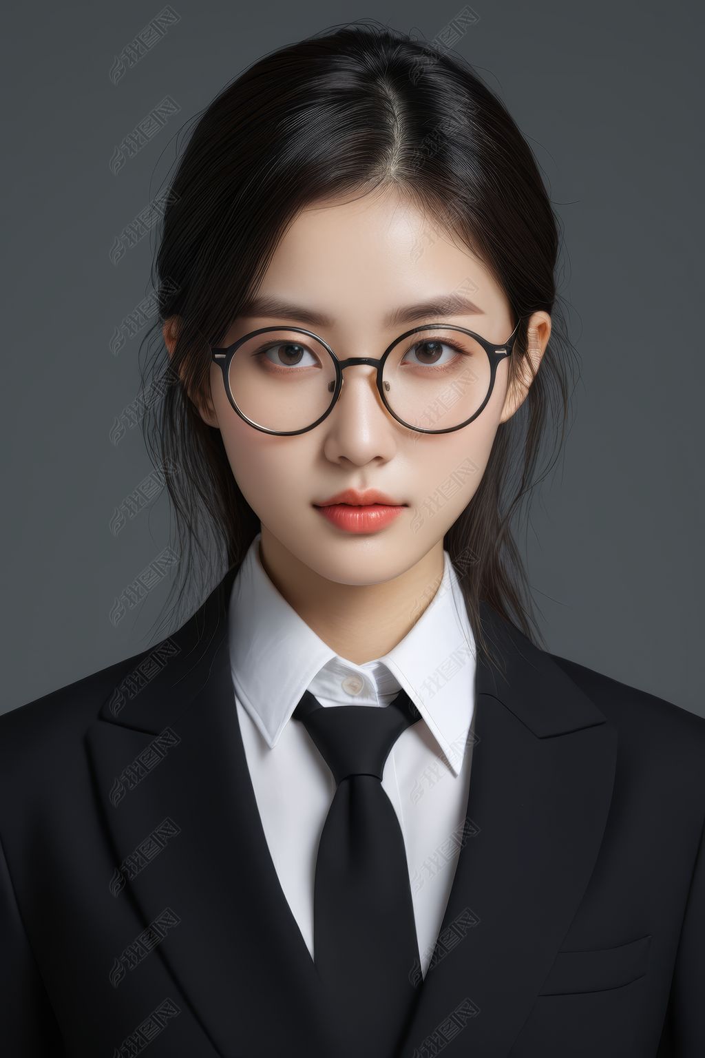原创女子身穿黑色西装脸上戴着眼镜打着领带图片