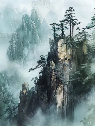 松樹山水圖 松月/風水四神図/山水図/彩色山水図/魔除図/掛軸☆宝船☆AE-303