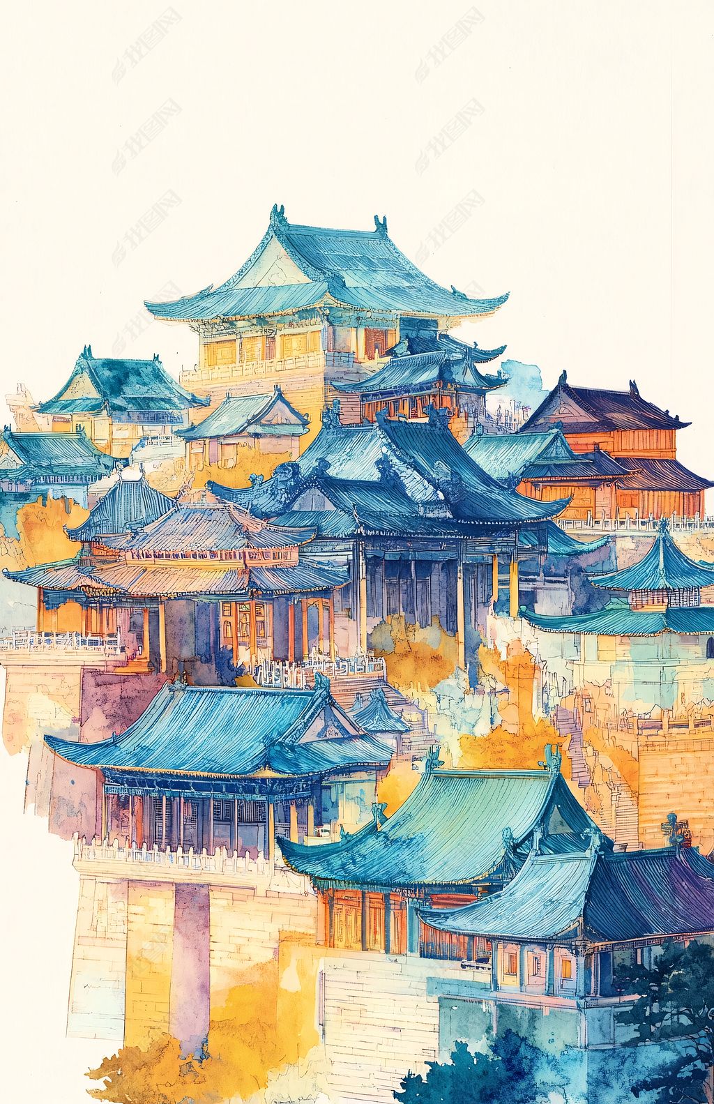 古建筑群水彩画