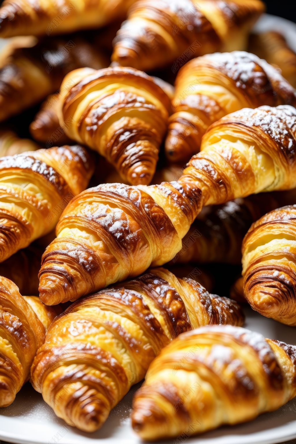 原创桌子上的盘子里有很多羊角面包高清背景图片