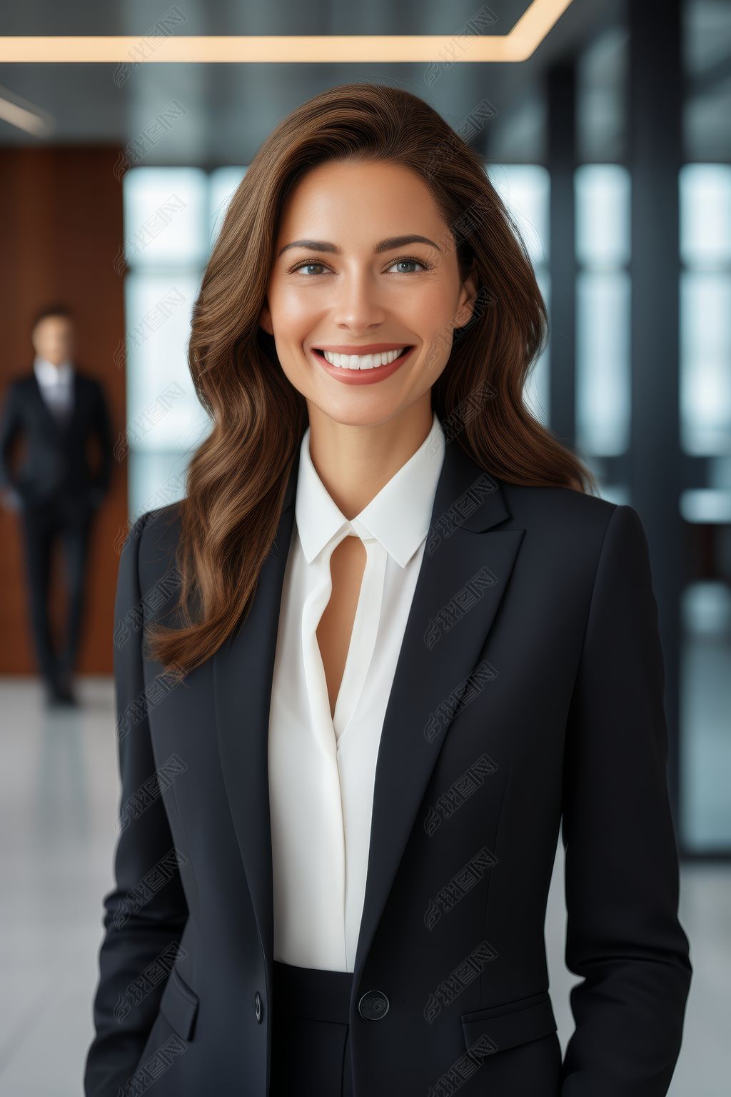 原创穿着西装打领带的微笑女商人站在大厅里图片