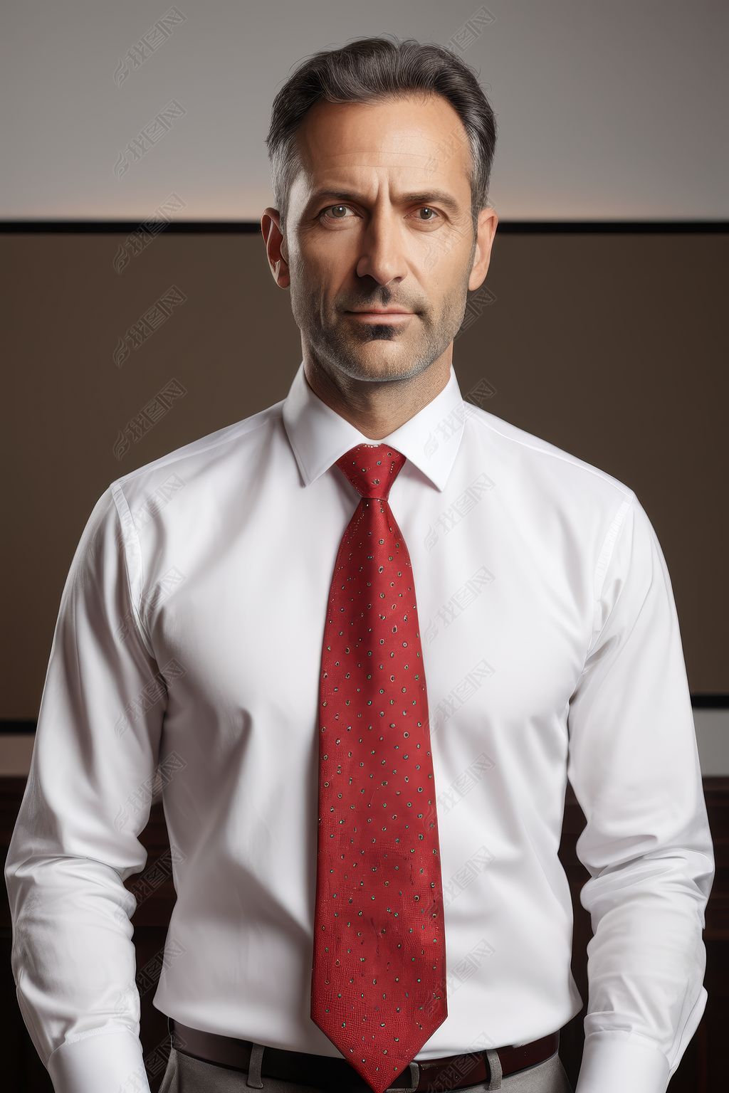 原创身穿白衬衫和红色领带的男子站在电视机前