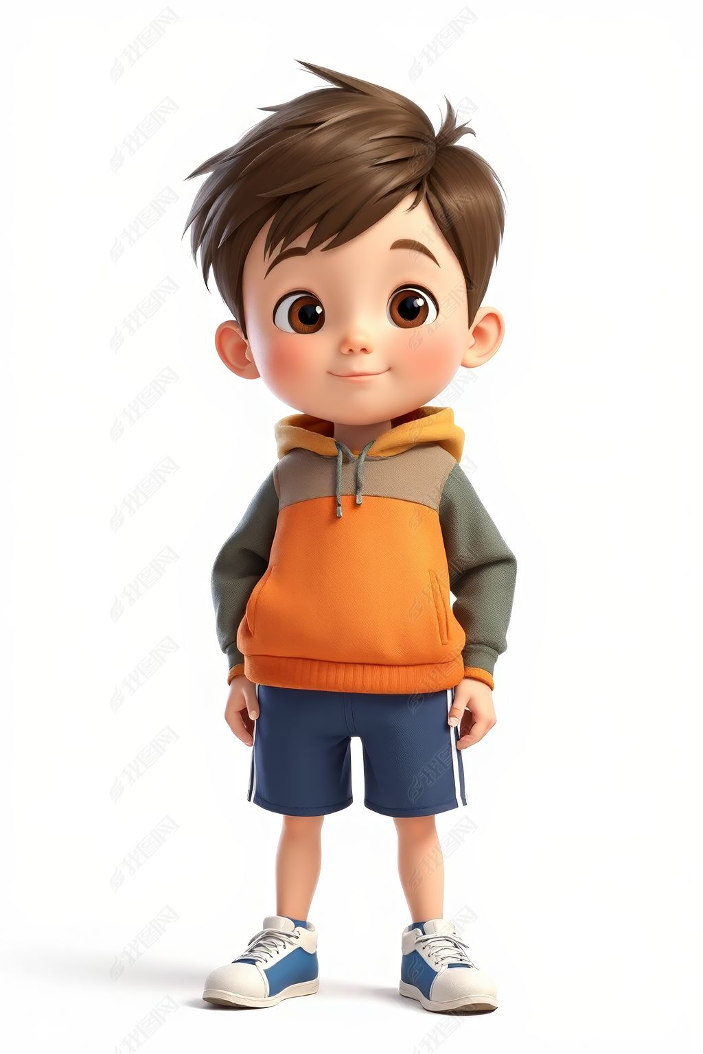 原创一个穿着连帽衫和短裤的卡通男孩特写图片