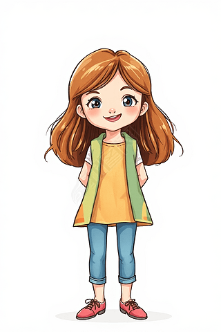 卡通女孩长发黄色背心穿着牛仔裤站立高清图片
