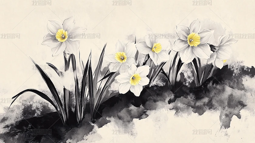 苗墨　水墨画 梅花 玉骨仙姿 青色背景 梅花与小鸟水墨画PNG免抠素材图片免费下载_高清装饰图案psd_千库