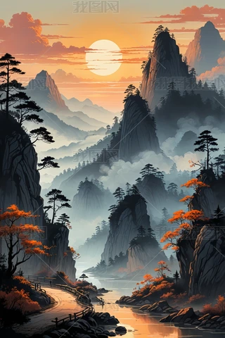 日出山水水墨专题模板-日出山水水墨图片素材下载-我图网