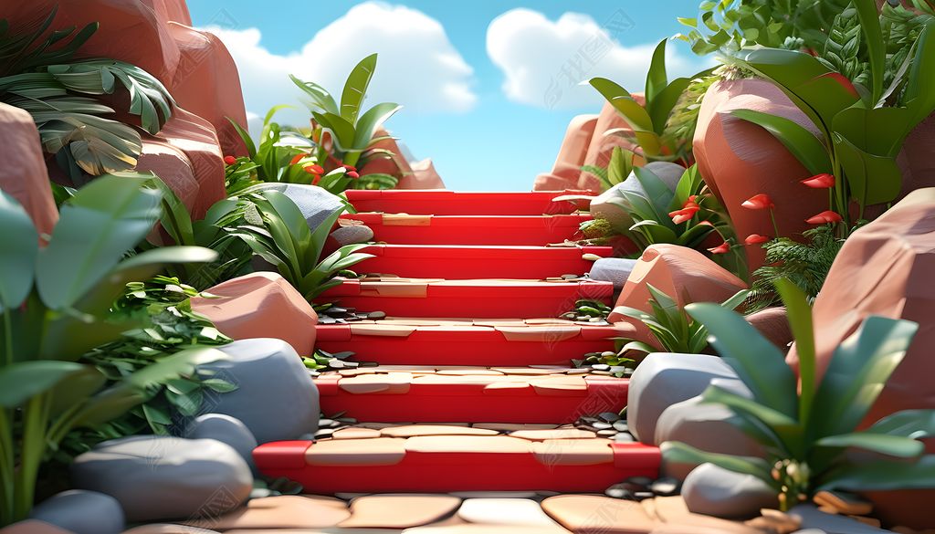 原创红色台阶通道卡通合成创意素材背景