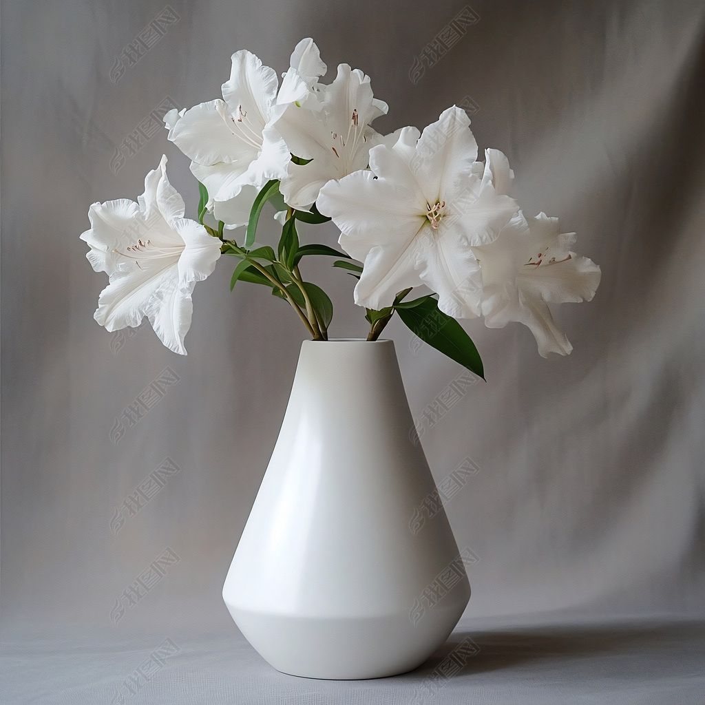 原创白瓷花瓶插白色杜鹃花