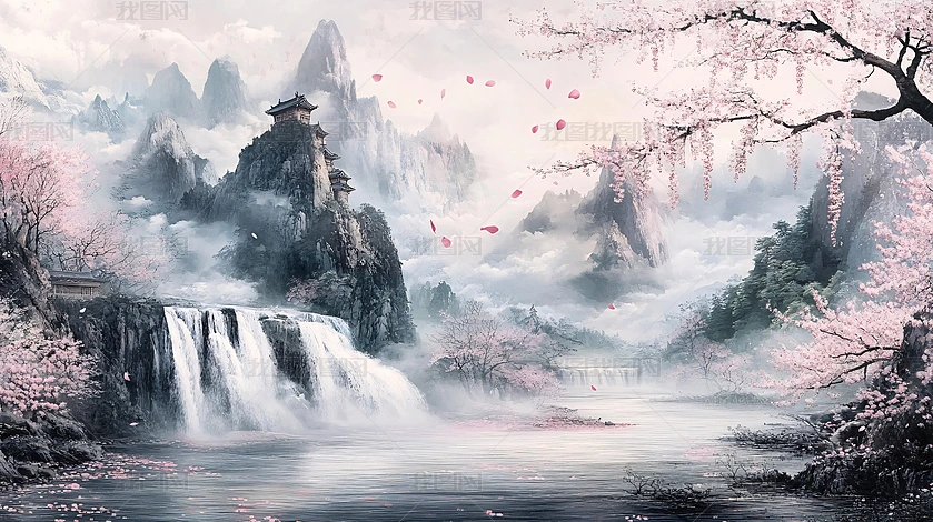 櫻花山水圖 櫻花樹模擬水彩山水畫銀行-插圖素材[101506853] - PIXTA圖庫