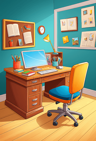 温馨卡通书房一角明亮舒适的学习空间