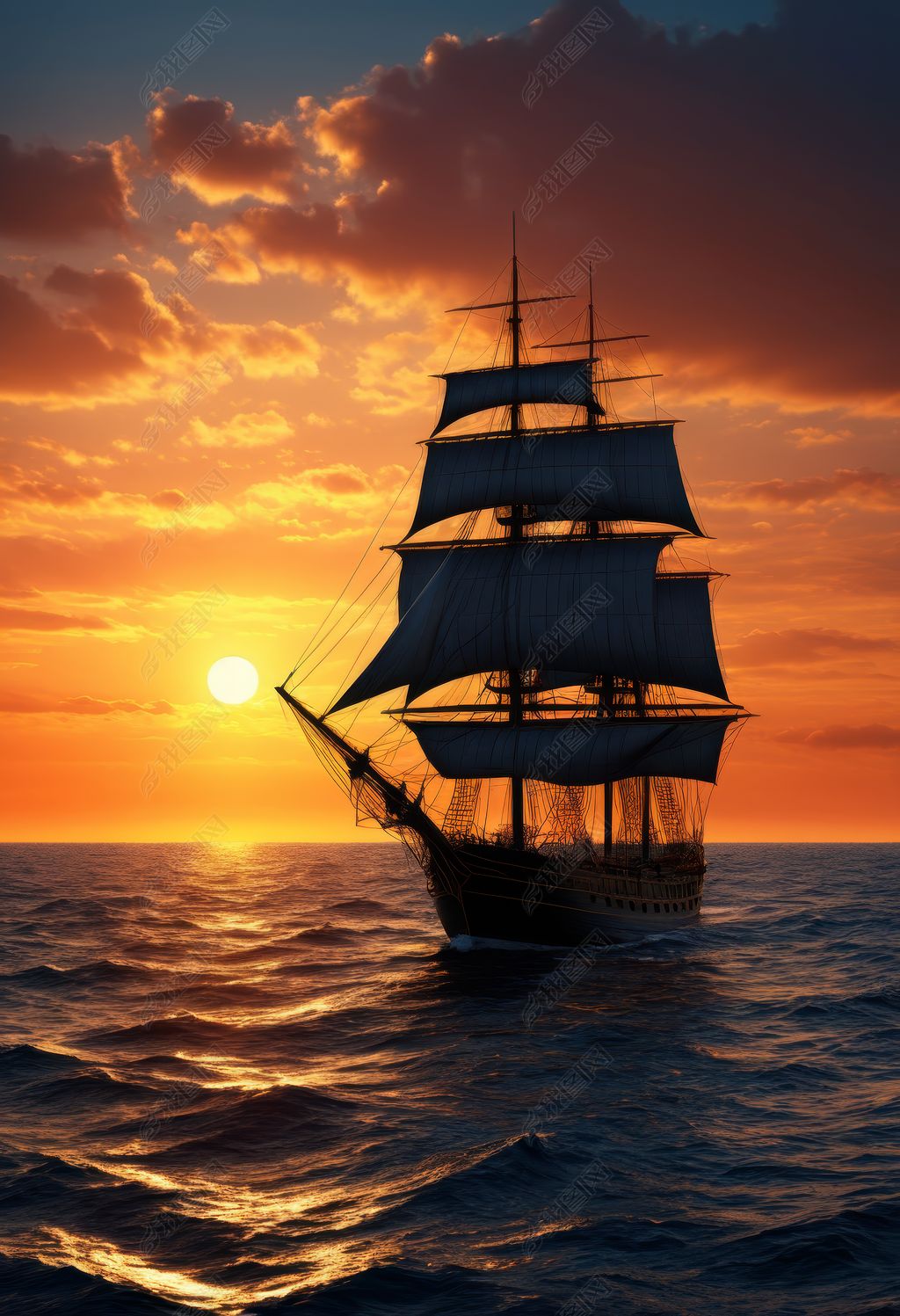 原创金色夕阳下的远航扬帆起航逐梦天涯版权可商用