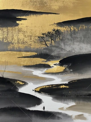 日本画　山水画　金箔背景 金色山水画金箔画图片大全-金色山水画金箔画背景图片-我图网