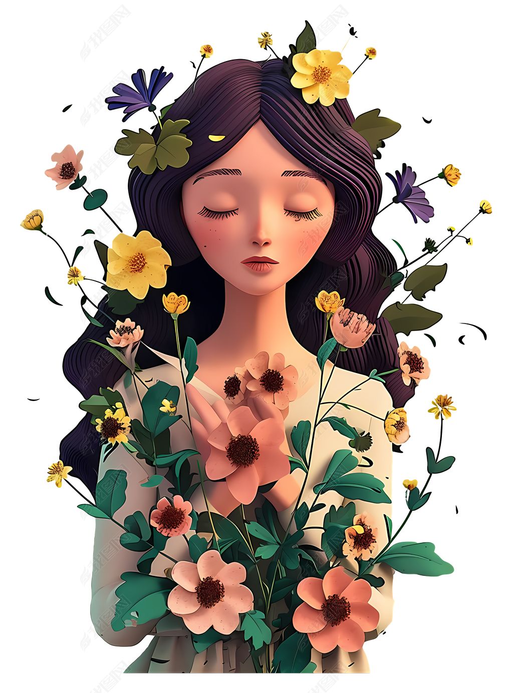 原创宁静的女孩与花3d卡通插画高清免抠透明png素材