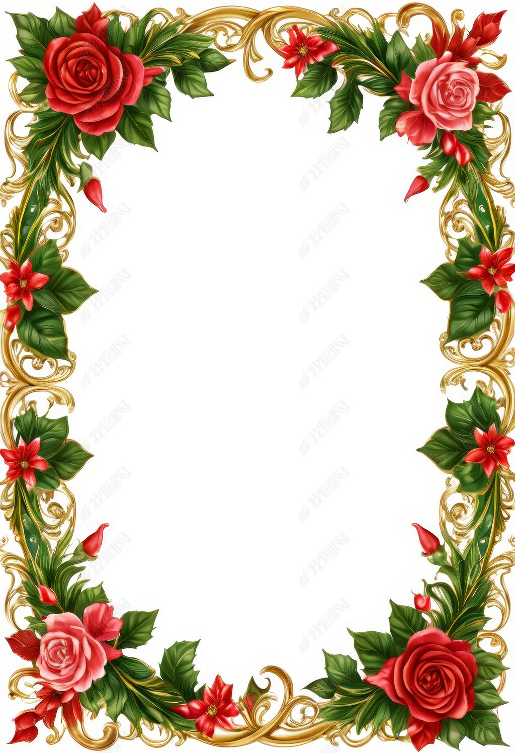 原创玫瑰花环绕的金色边框玫瑰花卉装饰画框