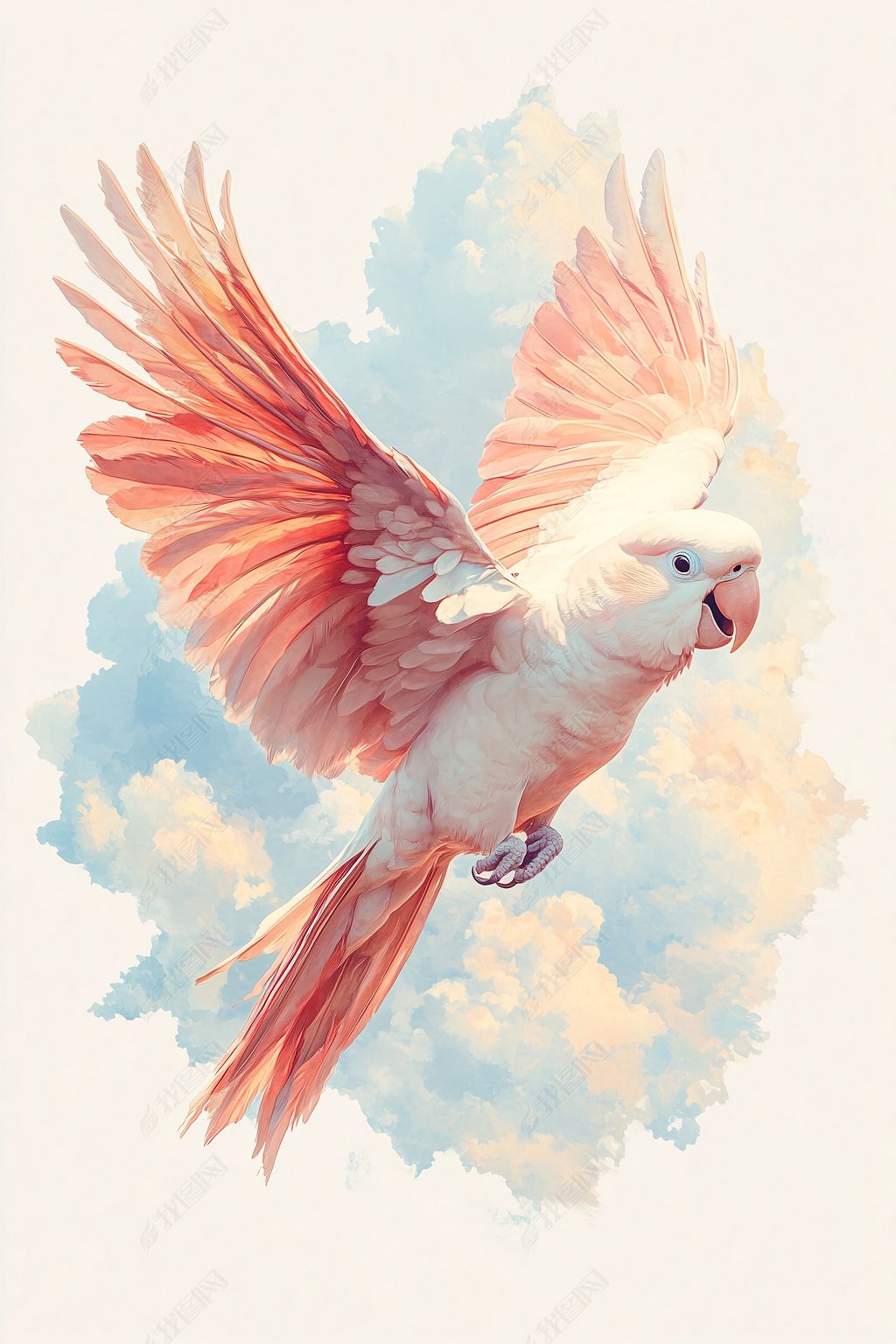 原创白底飞翔粉色鹦鹉矢量图