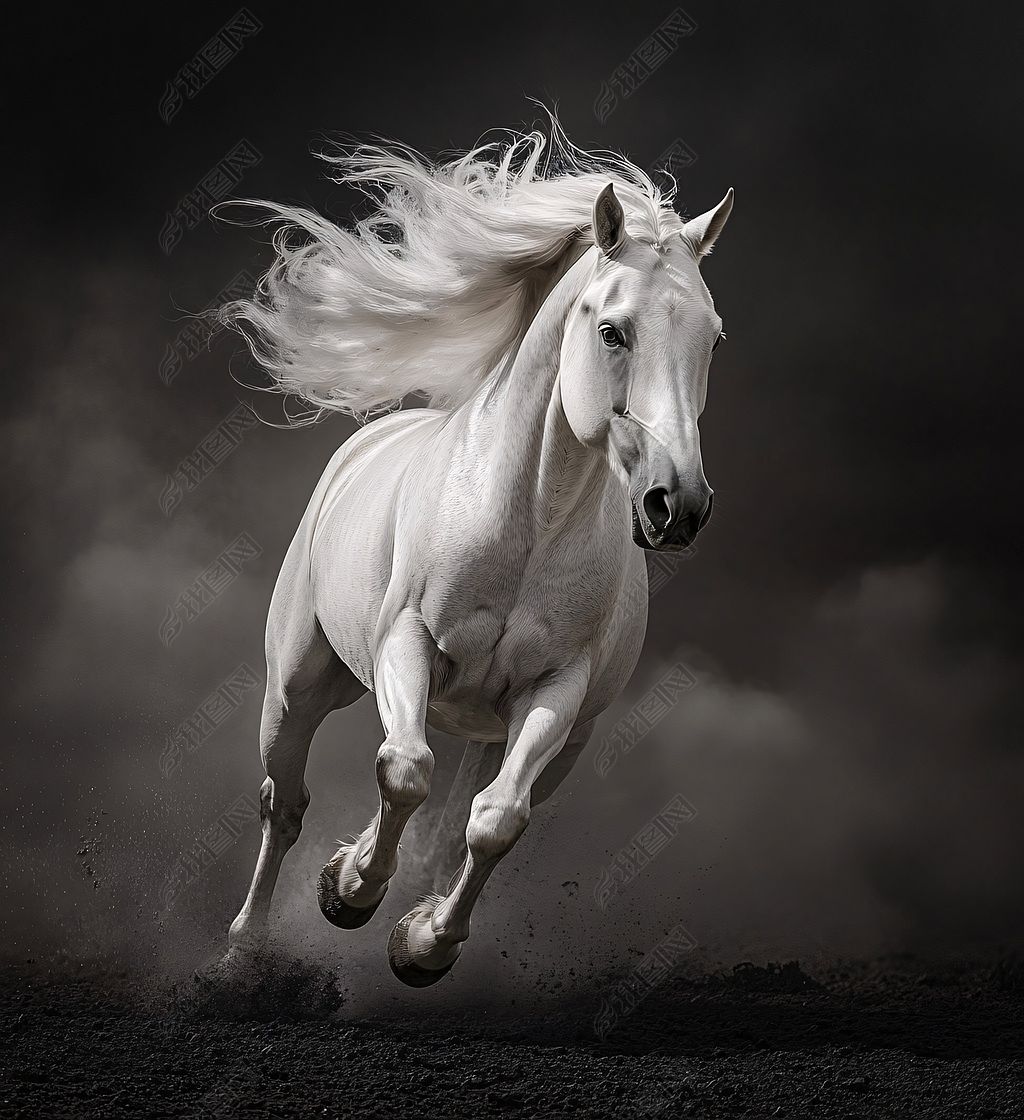 原创白色骏马长鬃暗夜奔跑