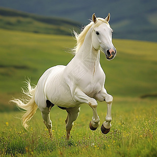 白色骏马奔跑草地