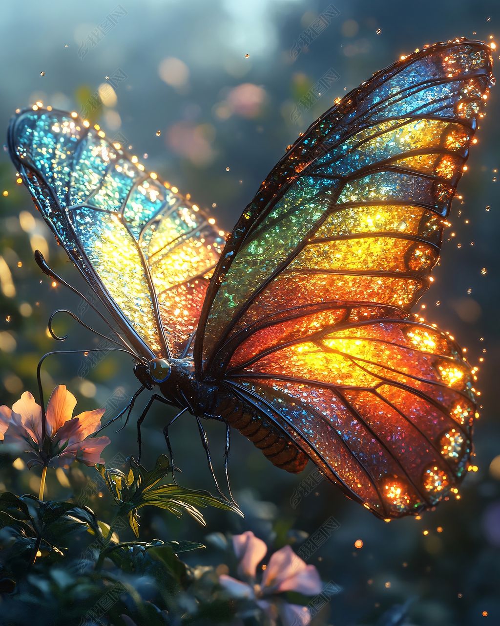 原创彩虹花翼蝴蝶夏日天空