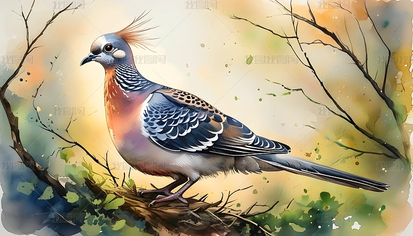 水彩斑鸠在栖息背景中生动艺术美
