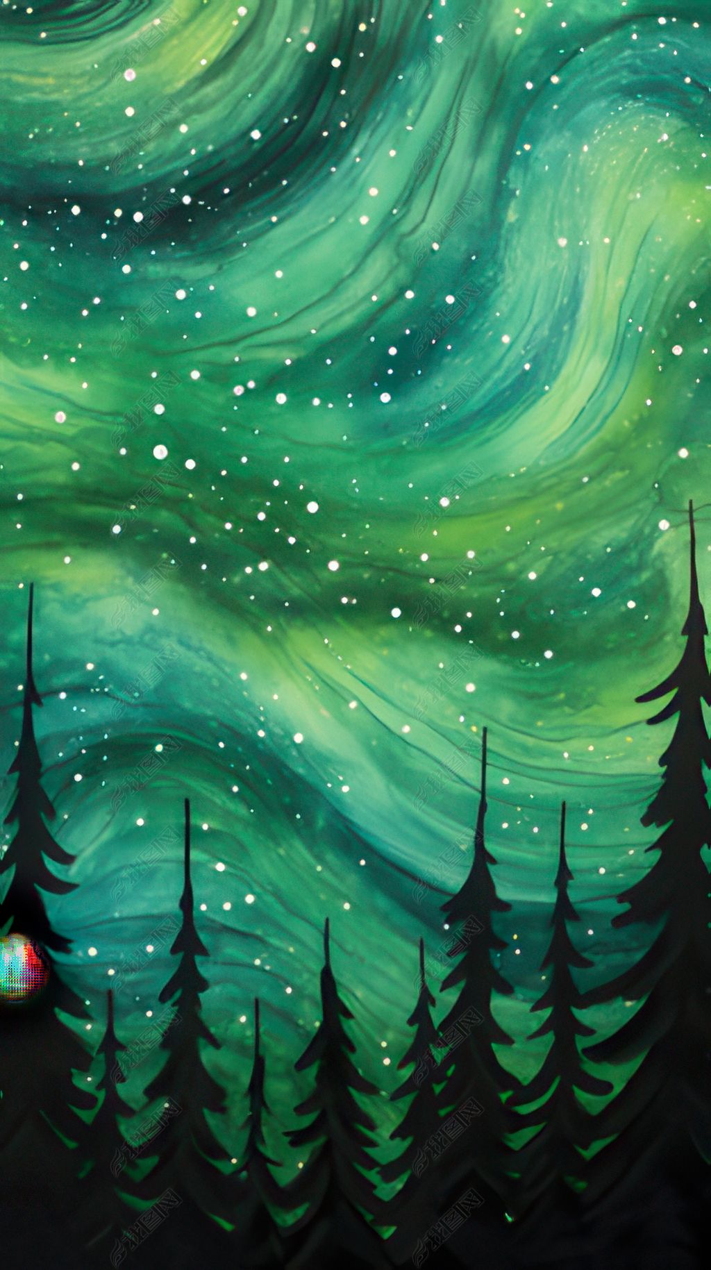 原创冬季森林星空水彩画矢量