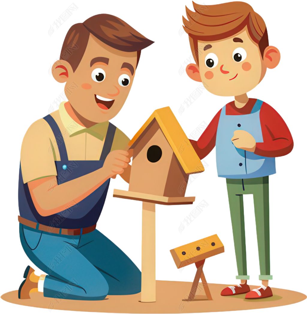 原创父亲与孩子搭建鸟屋互动