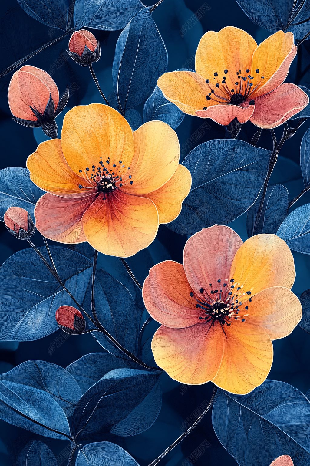 蓝底橙粉花卉插画素材简介我图网提供蓝底橙粉花卉插画