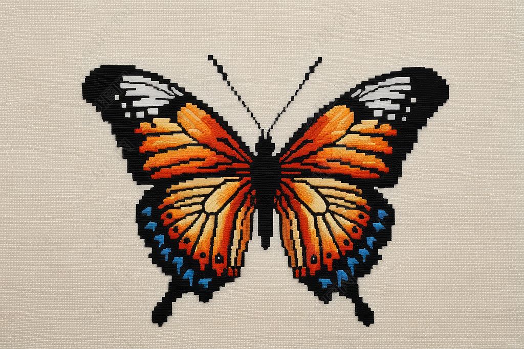 原创白色背景上十字绣蝴蝶的特写
