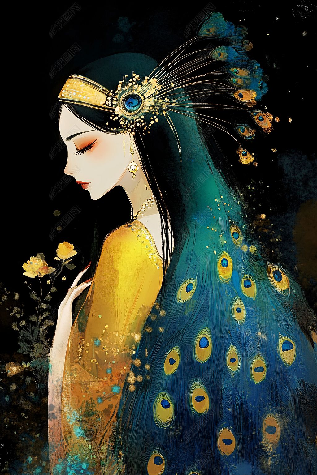 原创身着孔雀服饰的古典女子