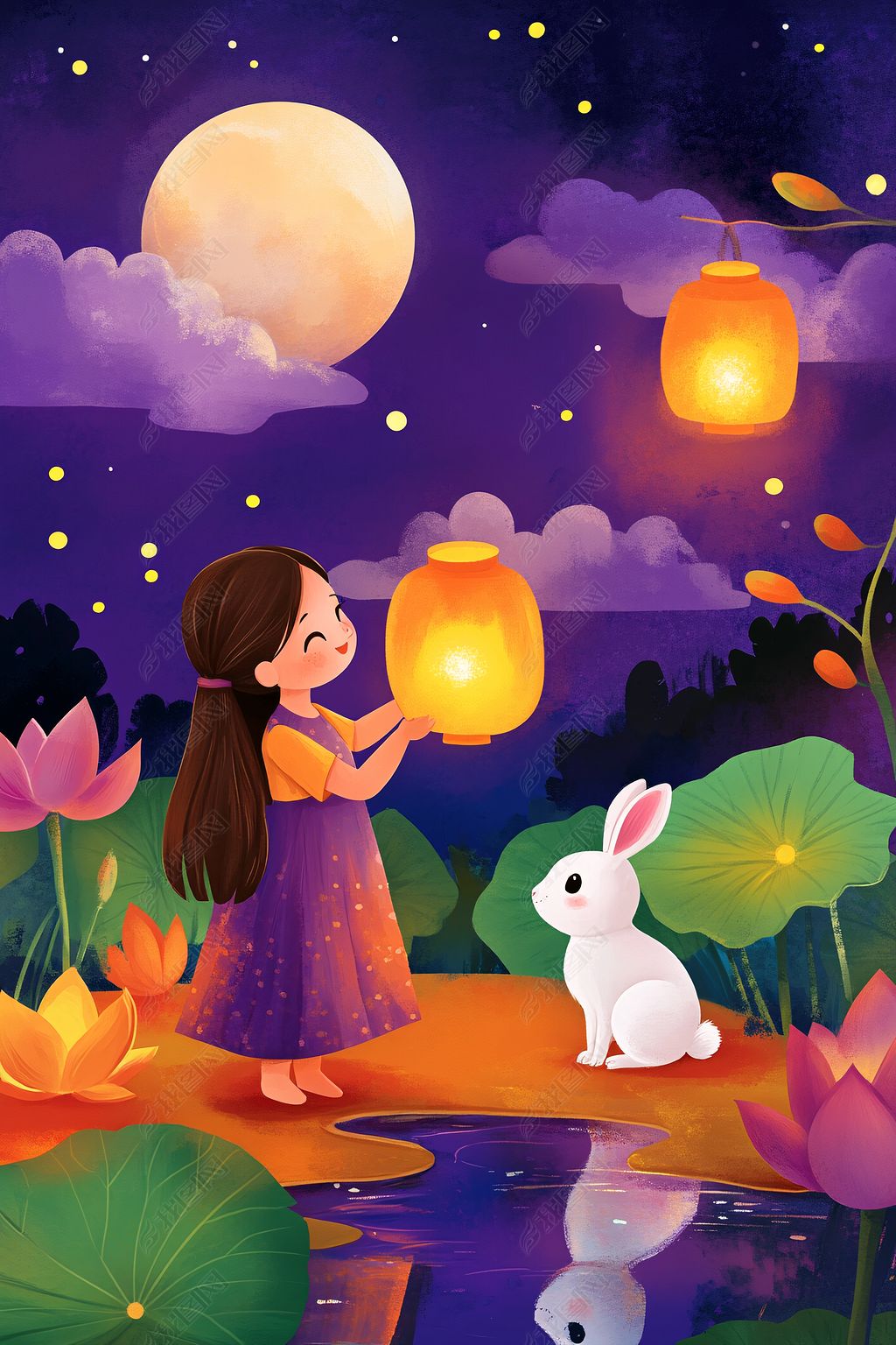 原创女孩与白兔月夜赏灯插画