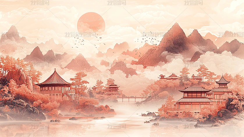 櫻山居士　山水画 水墨山水动态图风格的绿山雾景东方海洋轻青白色下载-编号
