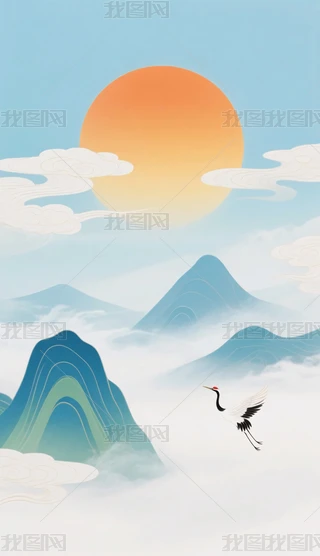 旭日仙鶴圖 仙鹤_图品汇