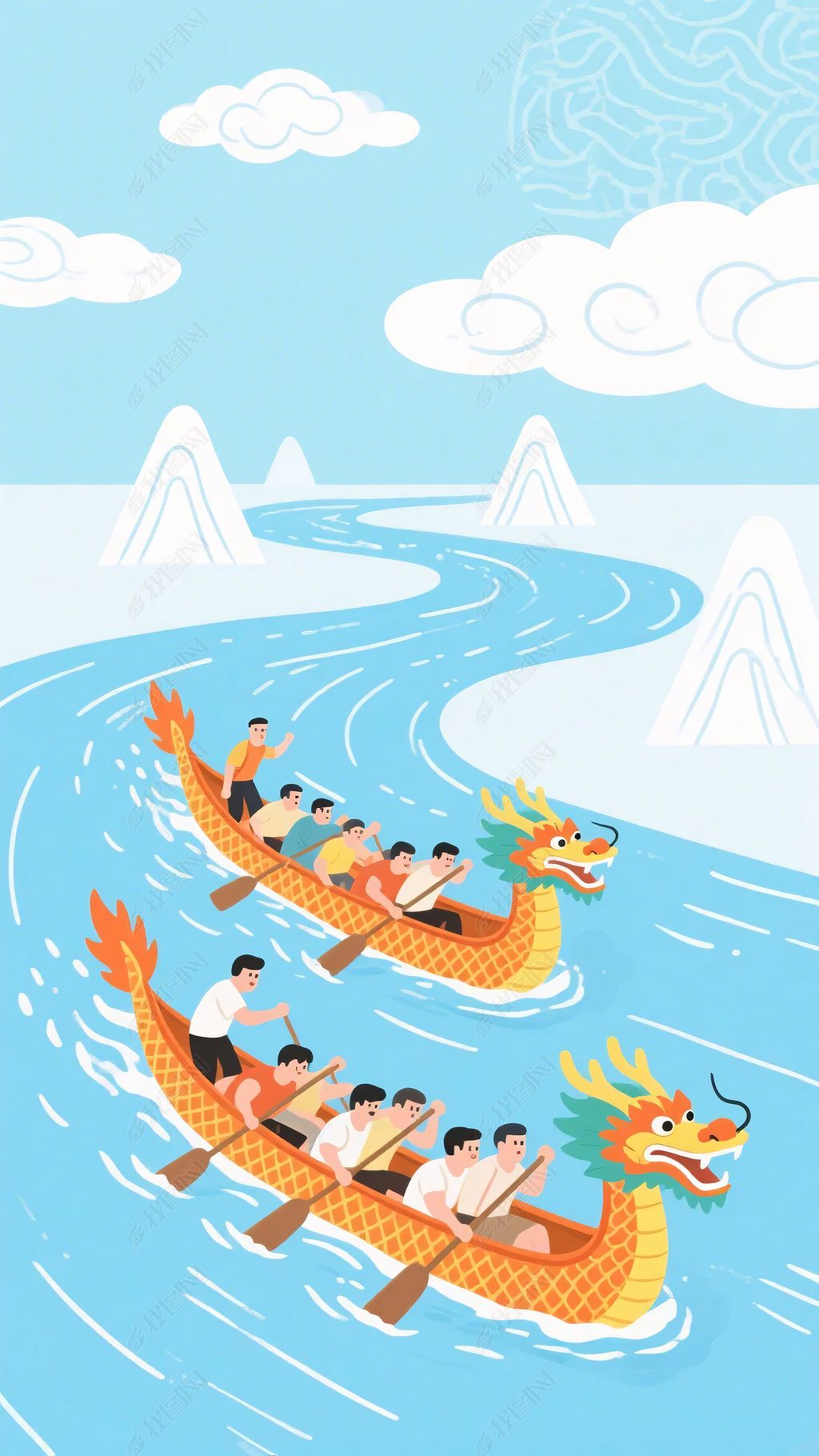 原创插画风格的龙舟竞渡场景
