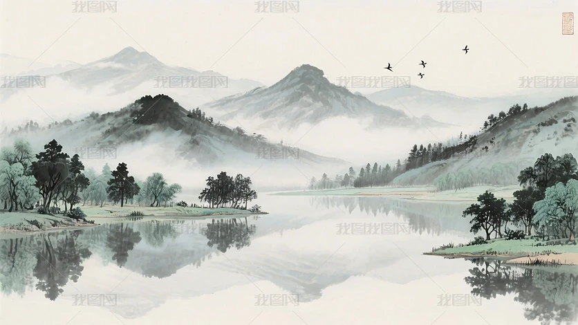水墨山水圖12 水墨山水动态图风格的绿山雾景东方海洋轻青白色下载-编号