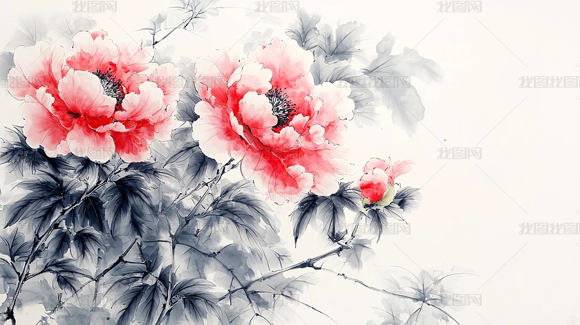 中国水墨画牡丹 No. M66 - 卷軸］44 x 133cm 《艷牡丹》 #羅士心畫作#嶺南派