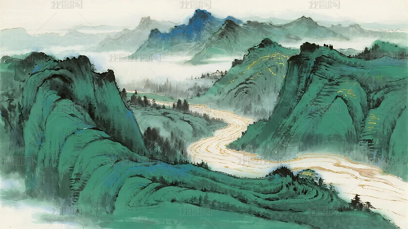 中国の山水画（1枚の絵） 山と川を描いた伝統的な中国風の水墨画の風景画 静けさを - 絵画