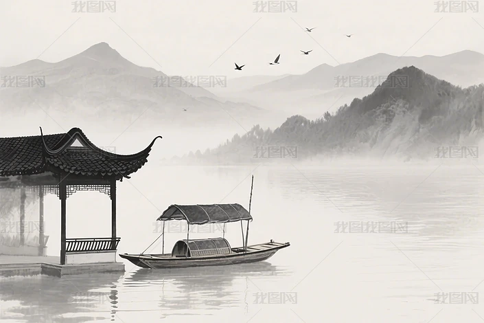 水墨山水船图片大全-水墨山水船背景图片-我图网