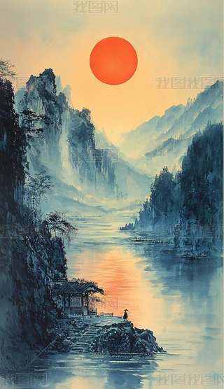 日出山水水墨专题模板-日出山水水墨图片素材下载-我图网