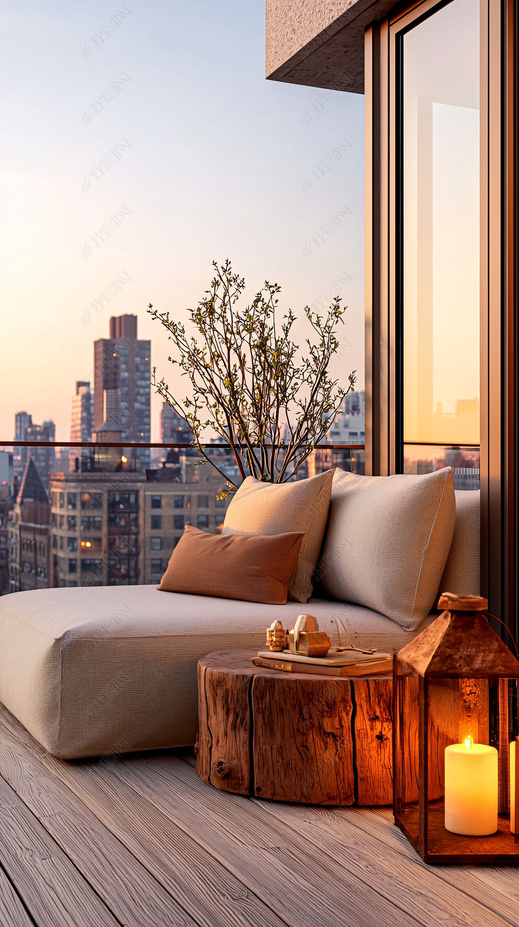 原创城市高楼背景下的阳台休闲一角