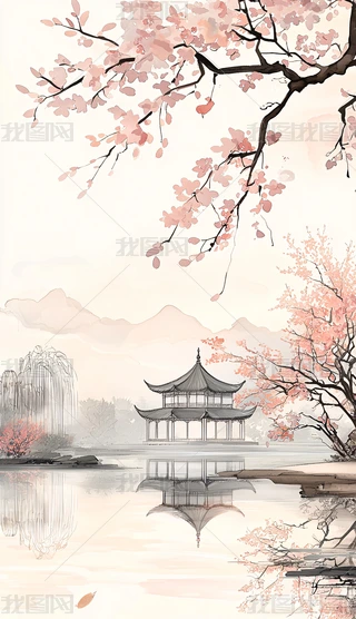 櫻花山水圖 國畫山櫻花Cherry blossom and sparrow雀躍春櫻～陈铭显陳銘顯