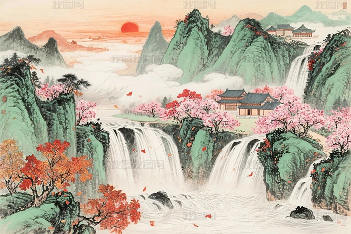 山水瀑布图图片大全-山水瀑布图背景图片-我图网