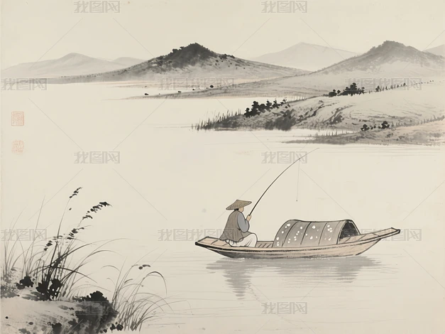 中国画国风山水墨画远山江景钓鱼人素材下载-编号37271306-{$className