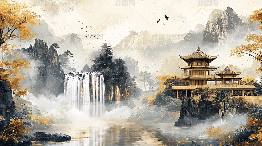 瀑布山水圖 山水瀑布图图片大全-山水瀑布图背景图片-我图网