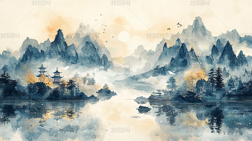 山水水墨樱花图下载-编号37119623-{$className}-我图网